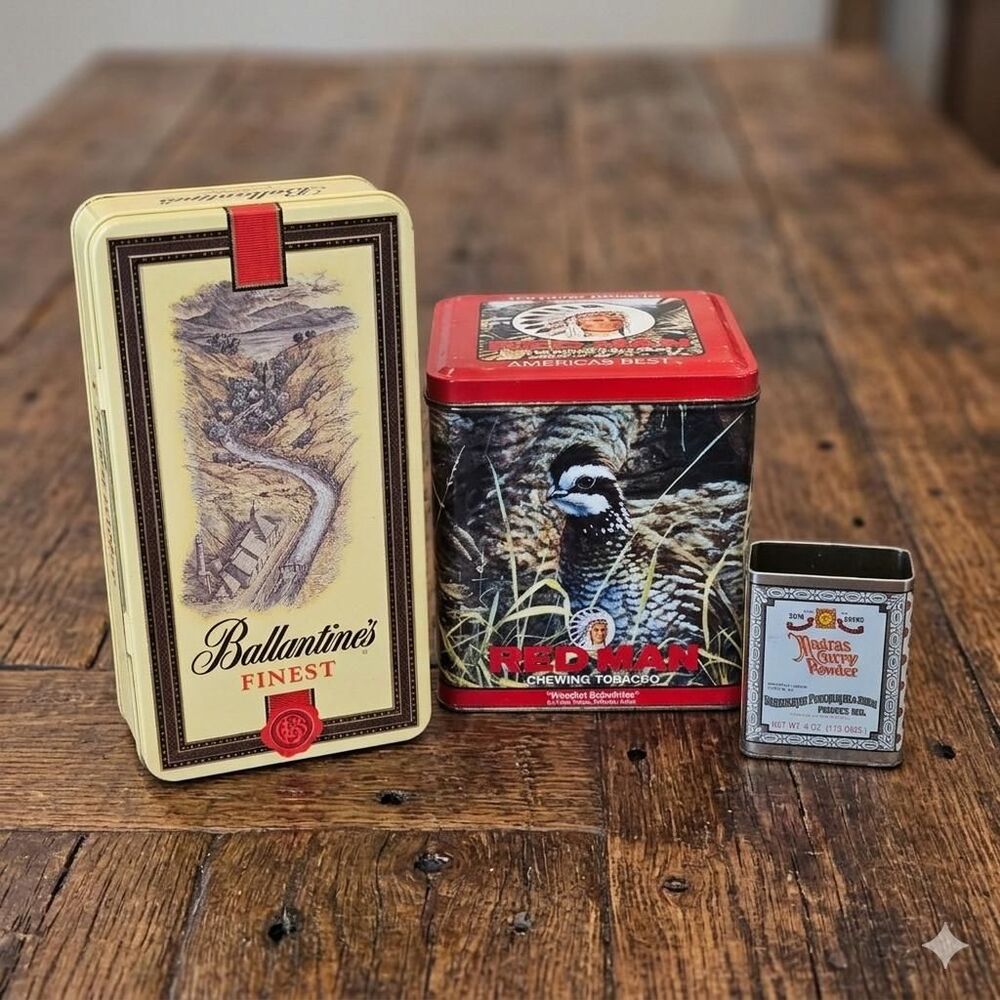 Vintage Ballantines, Red Man, Madras Curry Tins: Country Primitive Decor